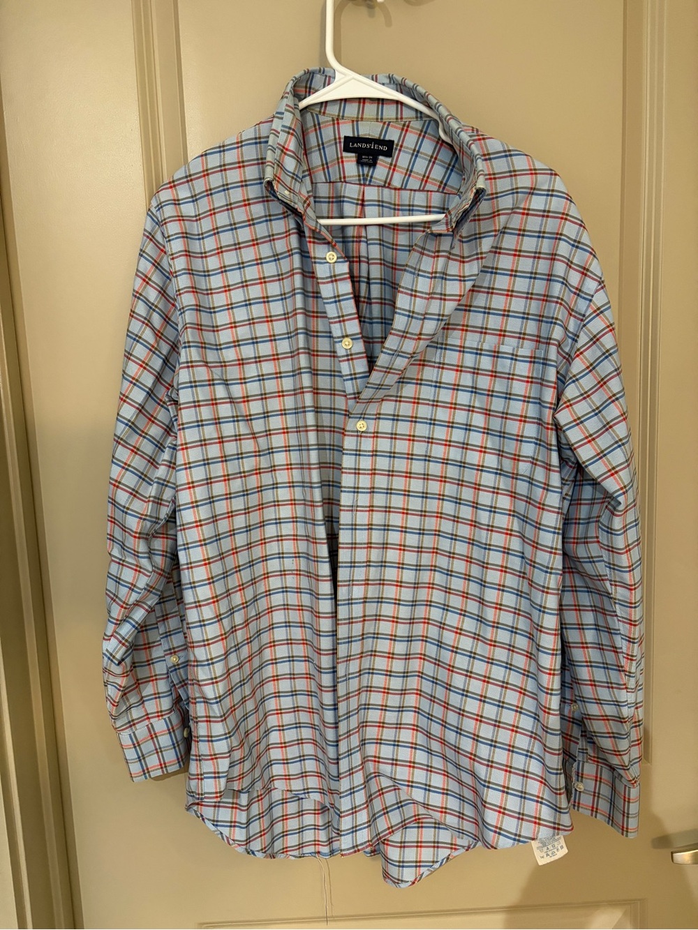Lands' End Men's Blue Plaid Button-Down Shirt with Red Accents 15 1/2 34